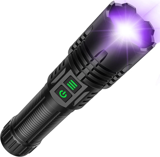 AdamStar UV&High Lumens Flashlight Rechargeable, 2-in-1 Powerful Blacklight LED Flashlight Tactical 6 Modes Super Bright Waterproof Zoomable Detector for Pet Urine Curing Resin Camping