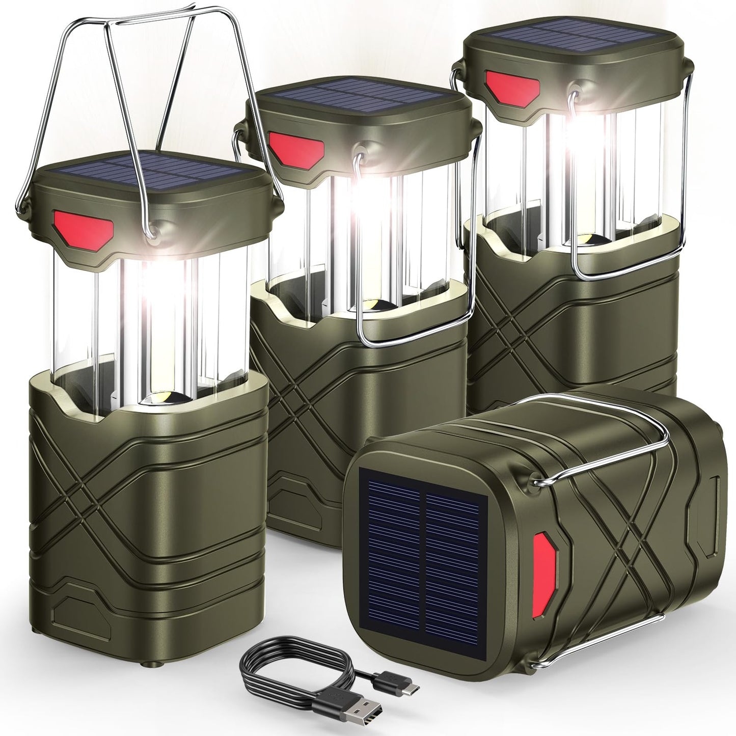LETMY 4 Pack Camping Lantern, Rechargeable LED Lanterns, Solar Lantern Battery Powered Hurricane Lanterns Flashlight with 3 Powered Ways & USB Cable for Emergency, Power Outage, Hurricane Supplies