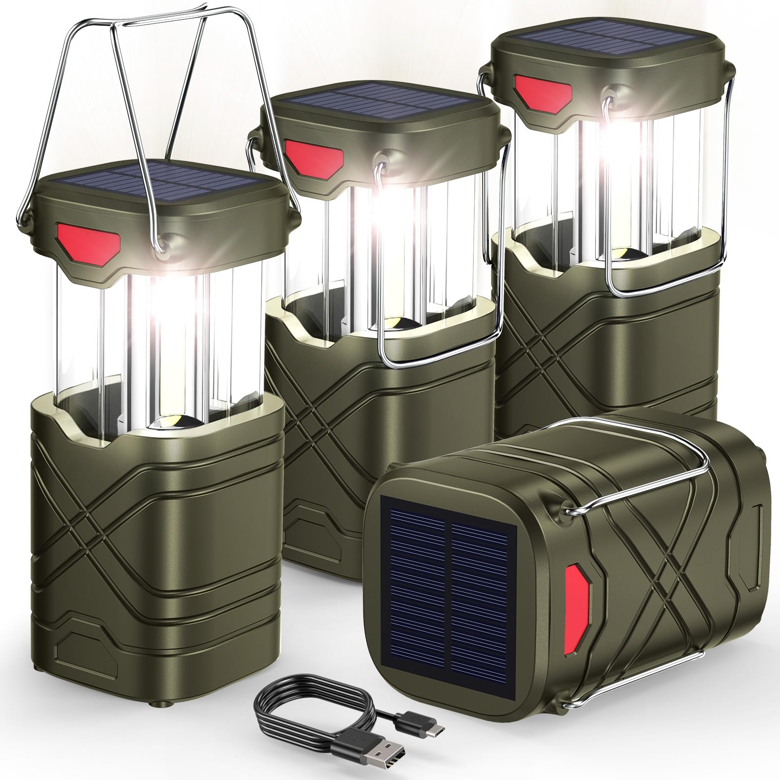 LETMY 4 Pack Camping Lantern, Rechargeable LED Lanterns, Solar Lantern Battery Powered Hurricane Lanterns Flashlight with 3 Powered Ways & USB Cable for Emergency, Power Outage, Hurricane Supplies