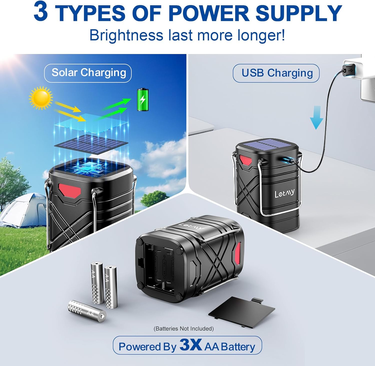 LETMY 4 Pack Camping Lantern, Rechargeable LED Lanterns, Solar Lantern Battery Powered Hurricane Lanterns Flashlight with 3 Powered Ways & USB Cable for Emergency, Power Outage, Hurricane Supplies