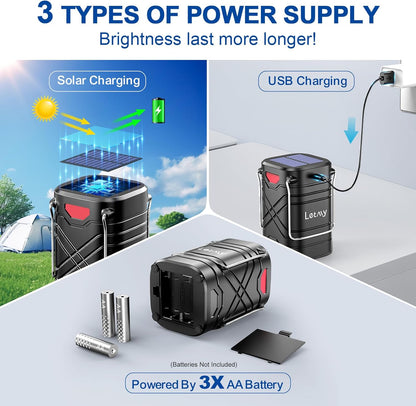 LETMY 4 Pack Camping Lantern, Rechargeable LED Lanterns, Solar Lantern Battery Powered Hurricane Lanterns Flashlight with 3 Powered Ways & USB Cable for Emergency, Power Outage, Hurricane Supplies