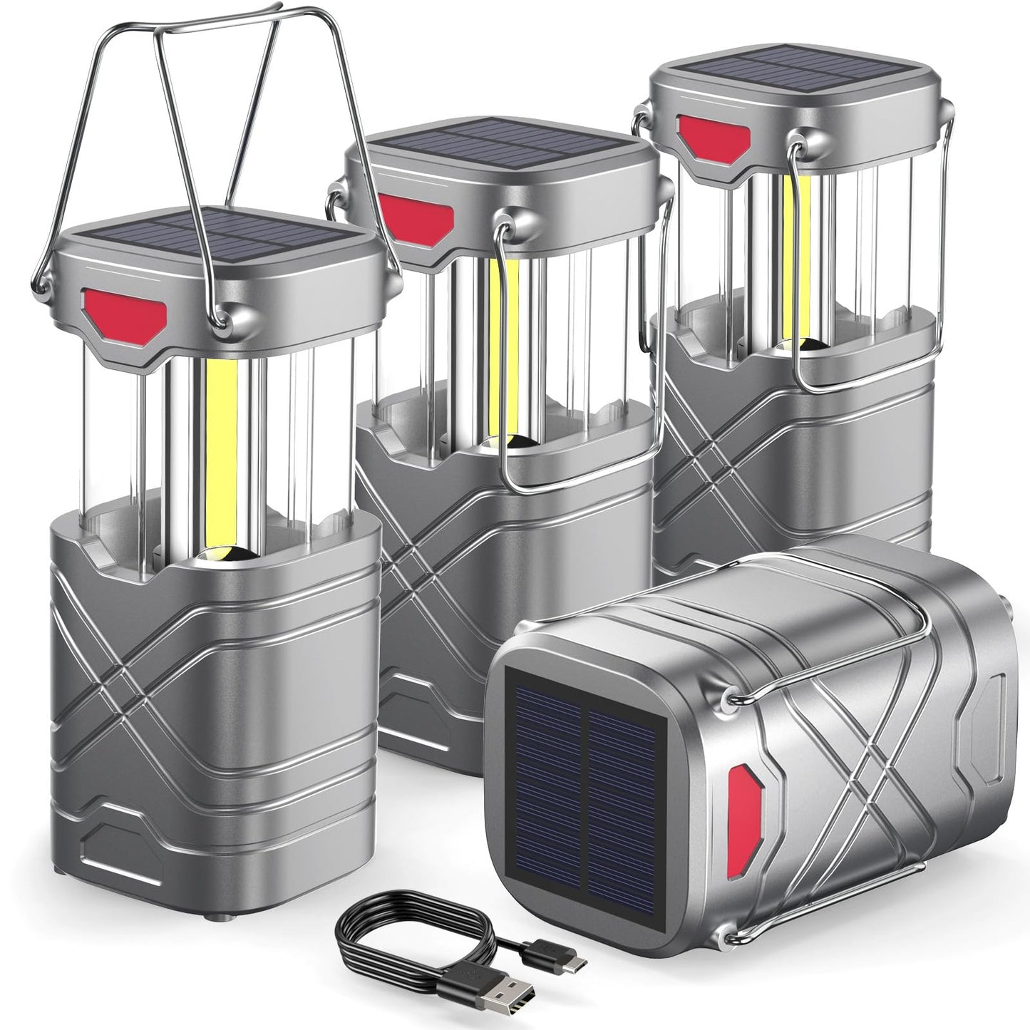 LETMY 4 Pack Camping Lantern, Rechargeable LED Lanterns, Solar Lantern Battery Powered Hurricane Lanterns Flashlight with 3 Powered Ways & USB Cable for Emergency, Power Outage, Hurricane Supplies
