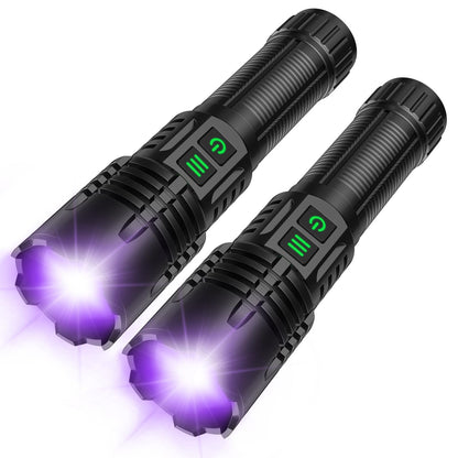AdamStar UV&High Lumens Flashlight Rechargeable, 2-in-1 Powerful Blacklight LED Flashlight Tactical 6 Modes Super Bright Waterproof Zoomable Detector for Pet Urine Curing Resin Camping