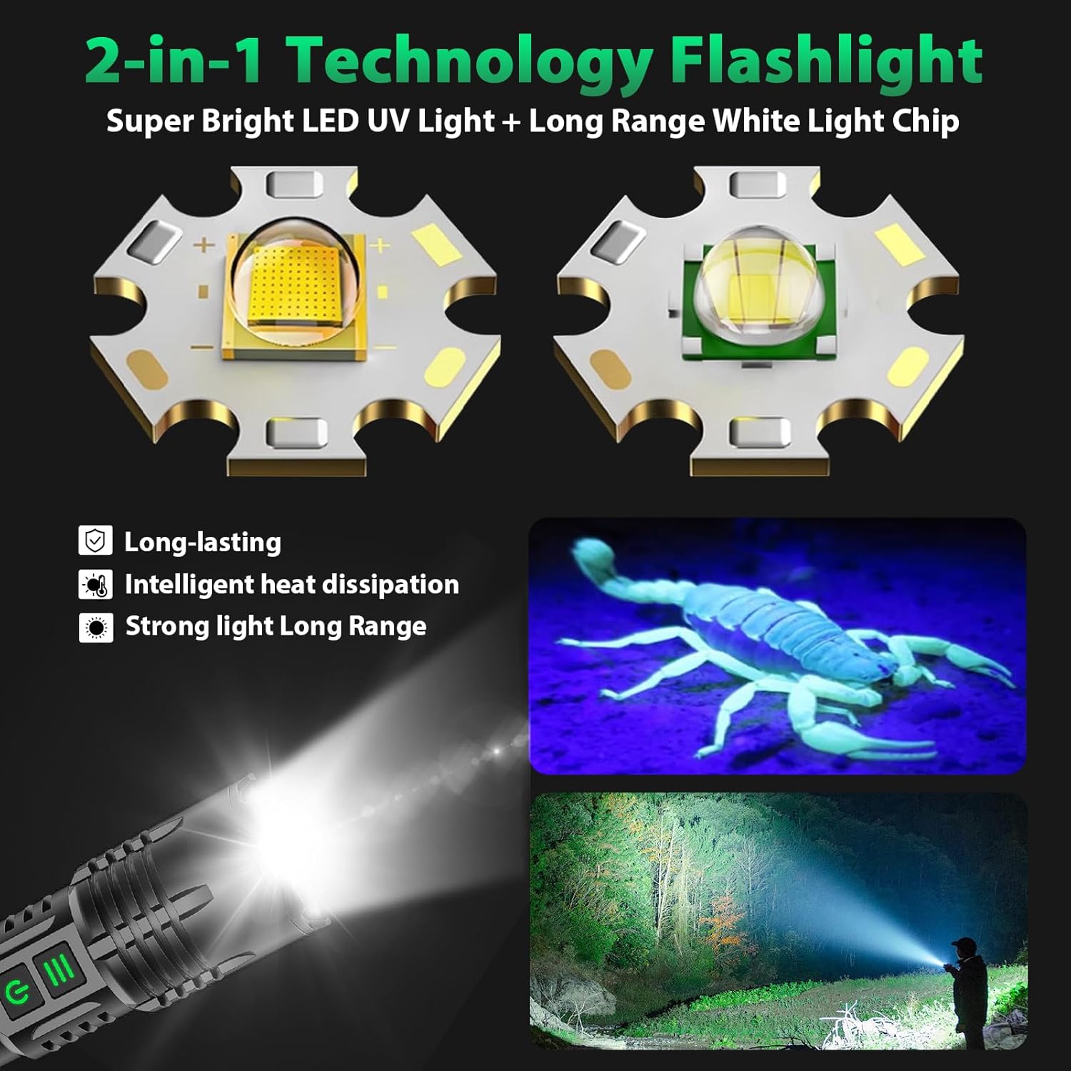 AdamStar UV&High Lumens Flashlight Rechargeable, 2-in-1 Powerful Blacklight LED Flashlight Tactical 6 Modes Super Bright Waterproof Zoomable Detector for Pet Urine Curing Resin Camping
