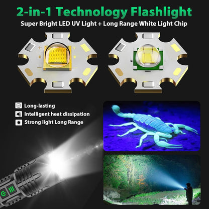 AdamStar UV&High Lumens Flashlight Rechargeable, 2-in-1 Powerful Blacklight LED Flashlight Tactical 6 Modes Super Bright Waterproof Zoomable Detector for Pet Urine Curing Resin Camping
