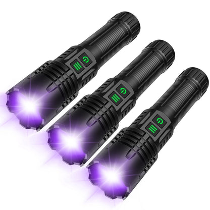 AdamStar UV&High Lumens Flashlight Rechargeable, 2-in-1 Powerful Blacklight LED Flashlight Tactical 6 Modes Super Bright Waterproof Zoomable Detector for Pet Urine Curing Resin Camping